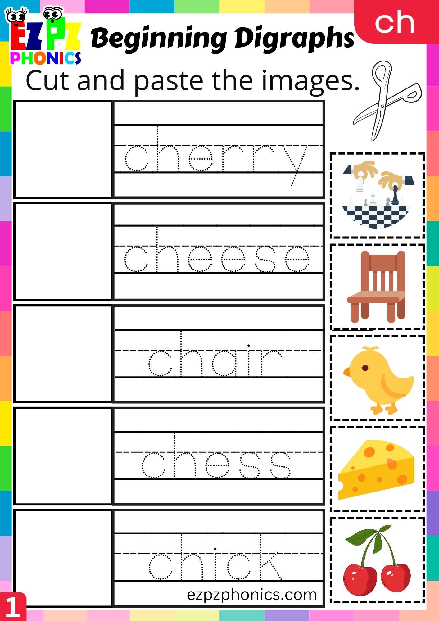 Group1 CH Words Cut And Paste The Images Consonant Digraphs Phonics Beginning Worksheet